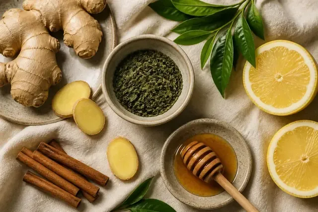 Frische natürliche Zutaten: Ingwer, Grüntee, Zitrone, Zimt und Honig
